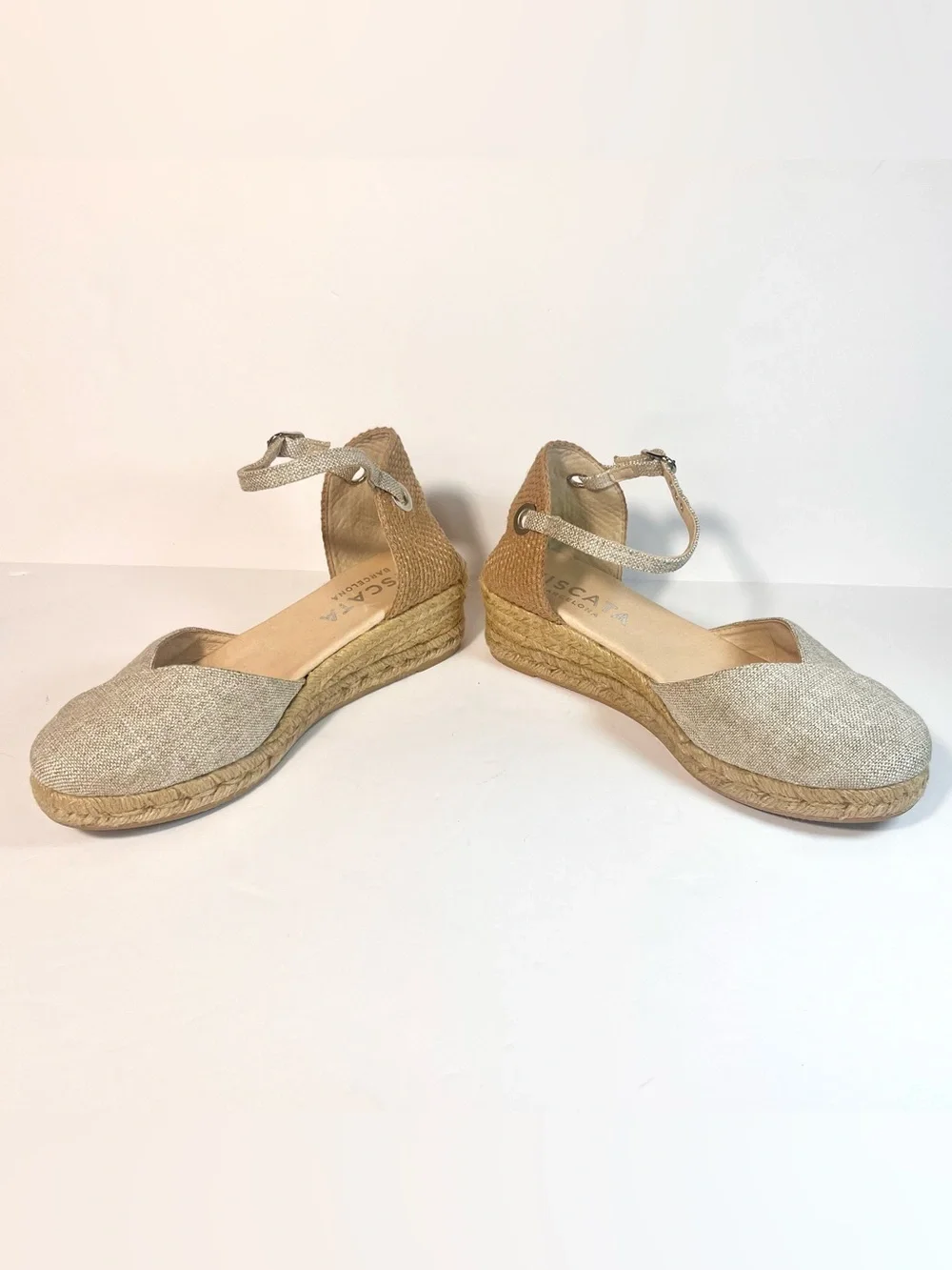 Viscata Pubol Canvas Espadrille Wedge Sandals 40 9 Leather Metallic Ankle Strap